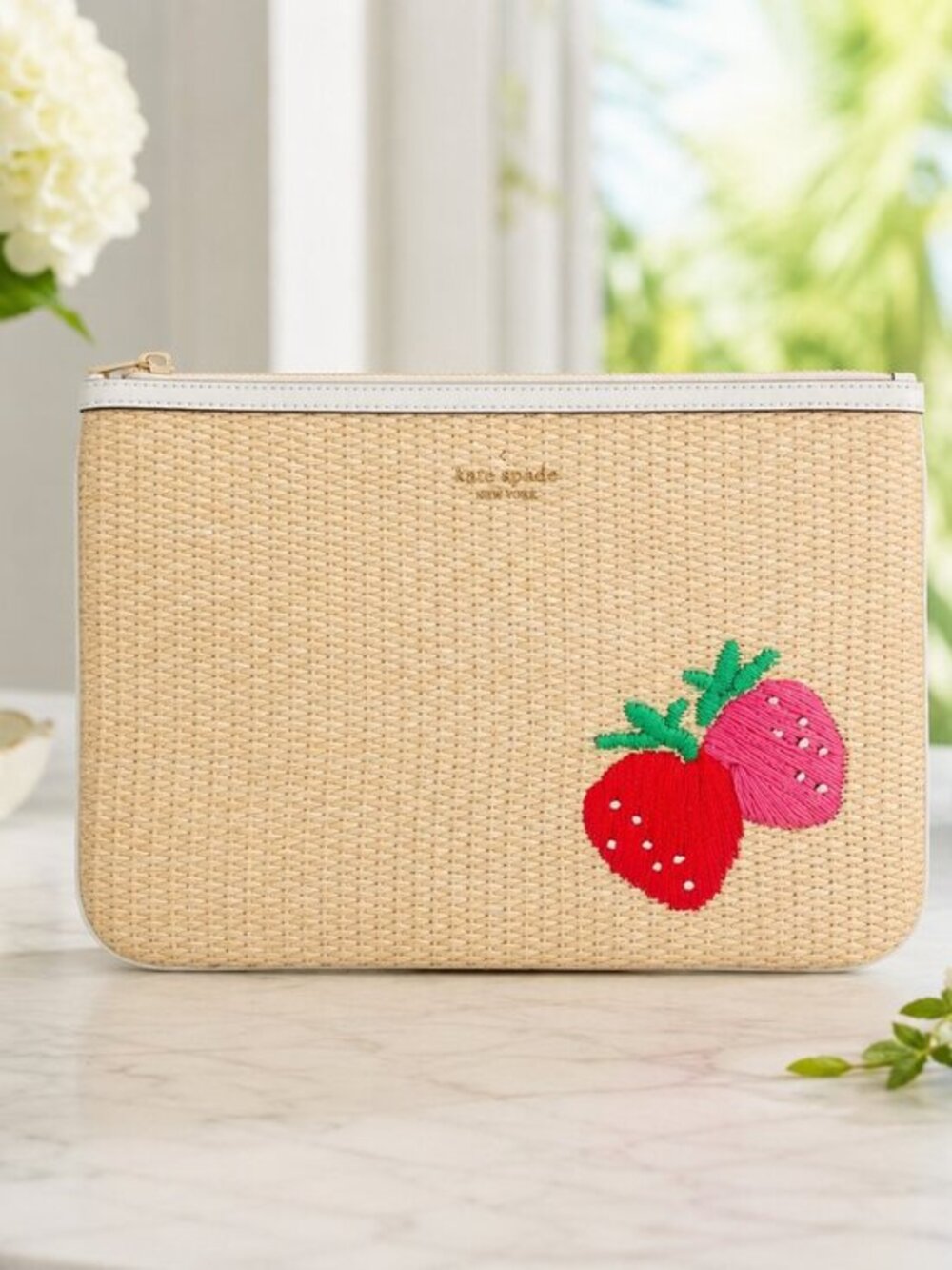 Kate Spade Strawberry Woven Straw Zip Pouch Saffiano Trim NWT